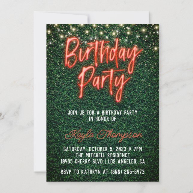 Neon Greenery Green Wall Birthday Party Invitation (Back)
