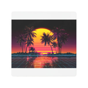 Neon Grid Palm Sunset Metal Print