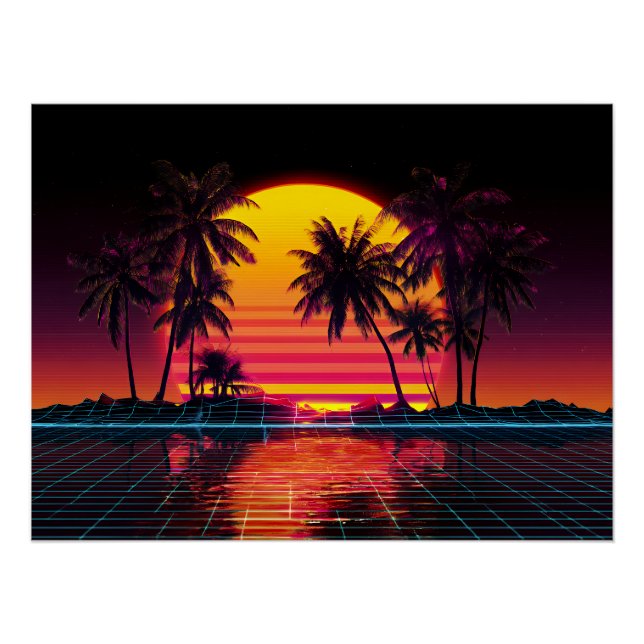 Neon Grid Palm Sunset Poster (Front)