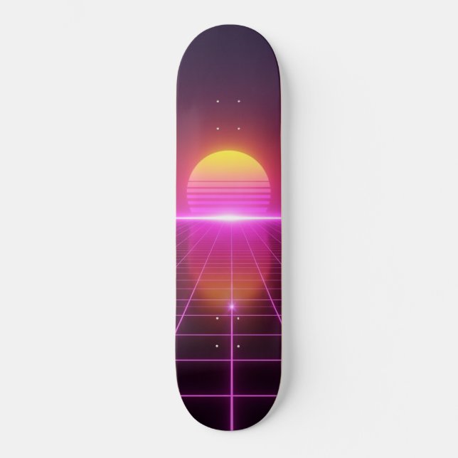 Neon Grid Sunset Synthwave Skateboard (Front)