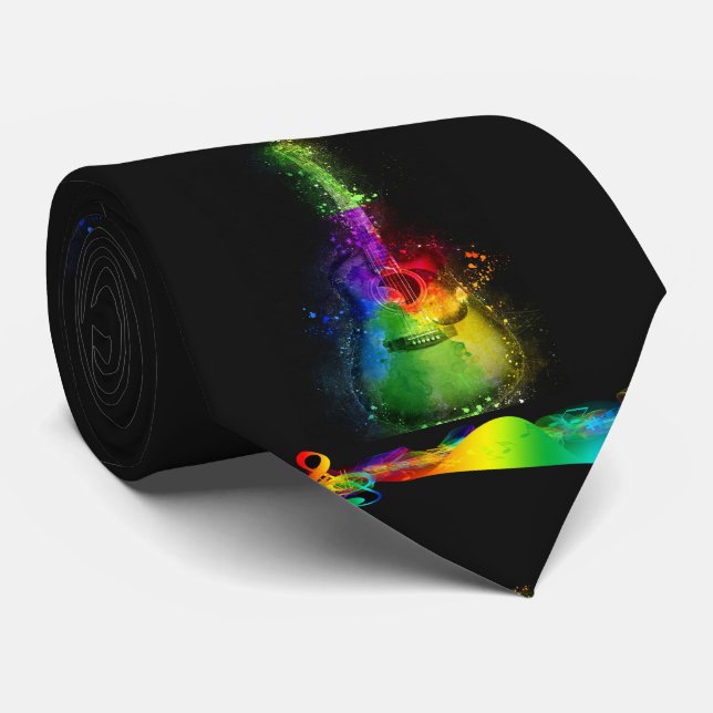 Neon Guitar And Music Symbol Neck Tie (Rolled)