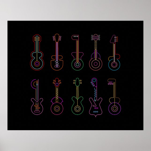Neon Guitars with black background Poster (Front)
