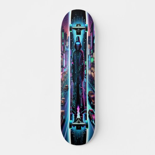 Neon Hacker Cyberpunk Cityscape  Skateboard