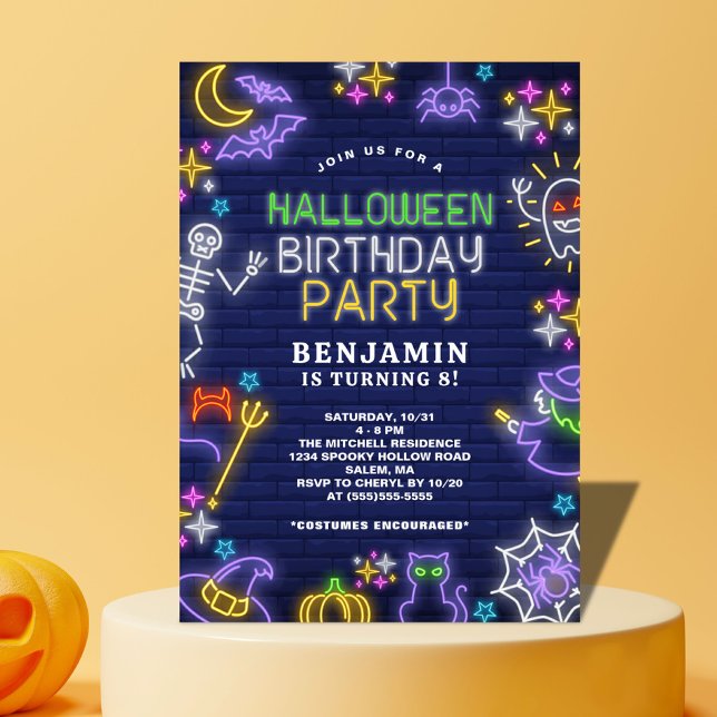 Neon Halloween 8th Birthday Party Invitation (Creator Uploaded)