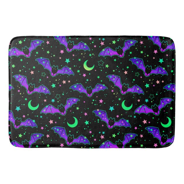 Neon Halloween Bats, Moons and Stars Bath Mat (Front)
