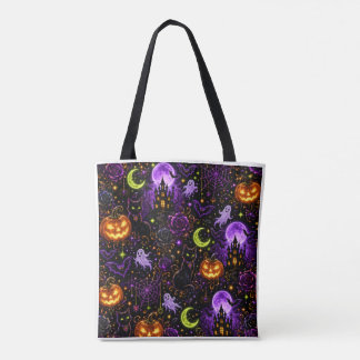 Neon Halloween Black Cat and Ghost Tote Bag