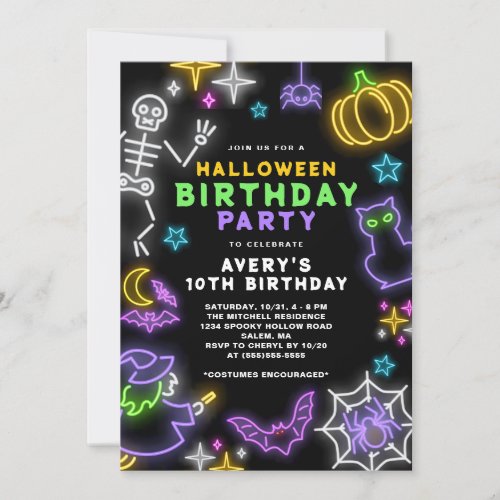 Neon Halloween Boys 10th Birthday Costume Party Invitation