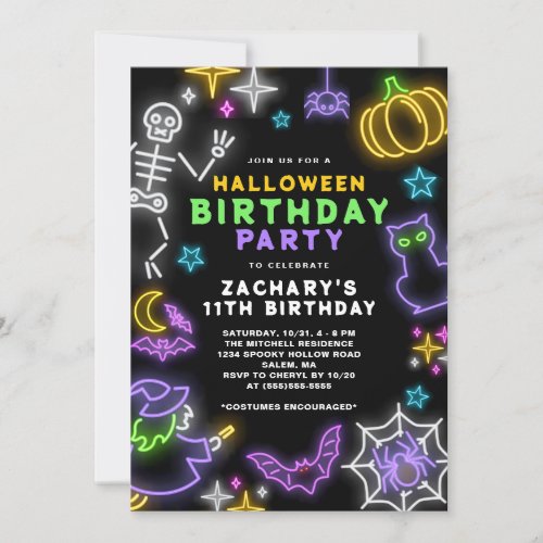 Neon Halloween Boys 11th Birthday Costume Party Invitation