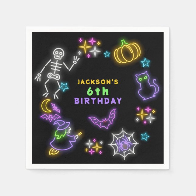 Neon Halloween Boys 6th Birthday Costume Party Napkins (Front)