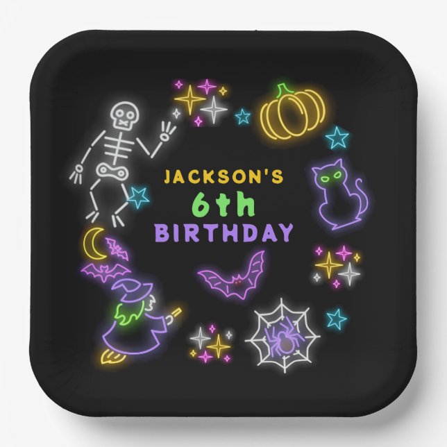 Neon Halloween Boys 6th Birthday Costume Party Paper Plates (Front)