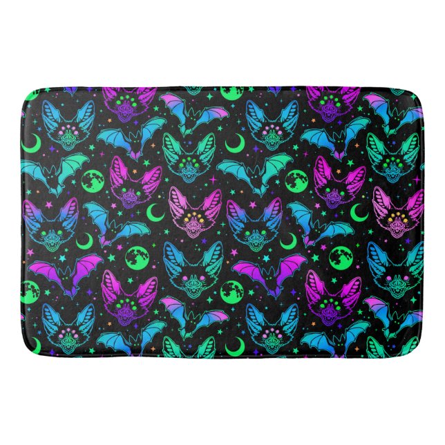 Neon Halloween Cats, Bats, Moons and Stars   Bath Mat (Front)