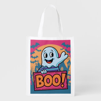 Neon Halloween Ghost, Neon Boo Halloween Ghost, Grocery Bag