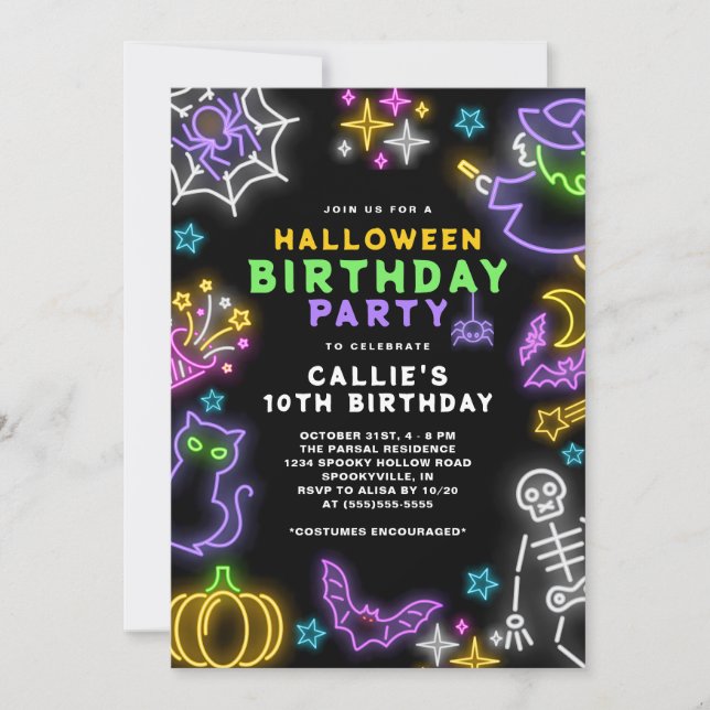 Neon Halloween Girls 10th Birthday Costume Party Invitation (Front)