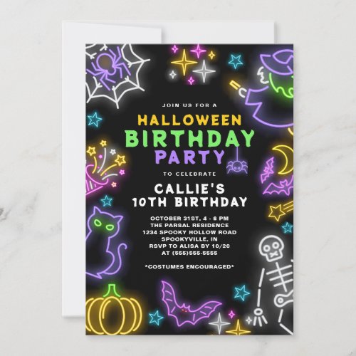 Neon Halloween Girls 10th Birthday Costume Party Invitation