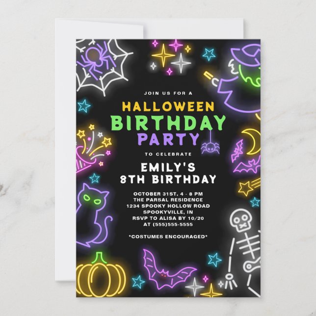 Neon Halloween Girls 8th Birthday Costume Party Invitation (Front)