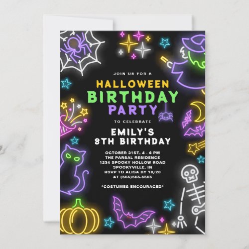 Neon Halloween Girls 8th Birthday Costume Party Invitation