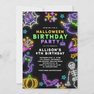 Neon Halloween Girls 9th Birthday Costume Party Invitation