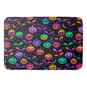 Neon Halloween Jack=O=Lanterns Bats and Stars  Bath Mat