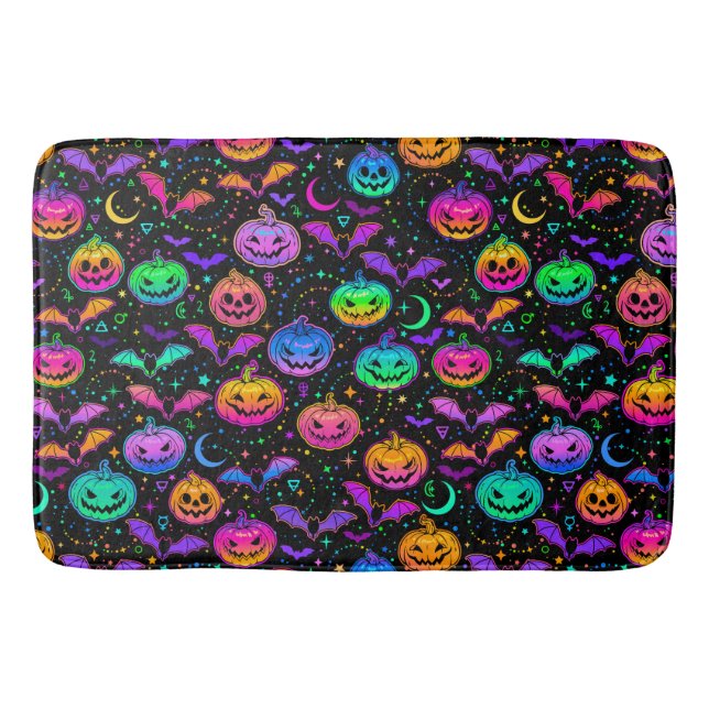 Neon Halloween Jack=O=Lanterns Bats and Stars  Bath Mat (Front)
