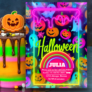 Neon Halloween light rainbow Glowing Ghost party Invitation