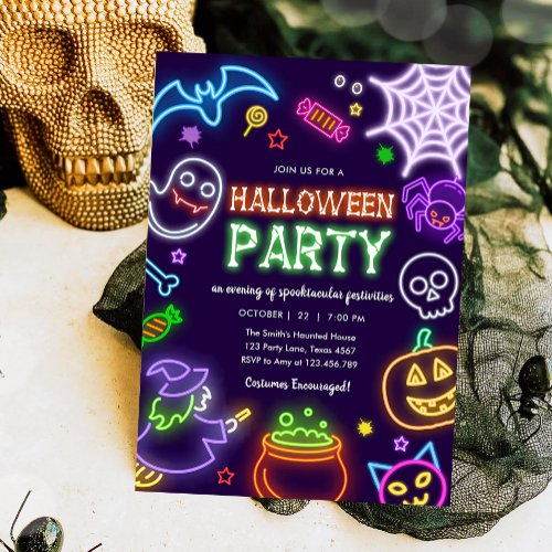 Neon Halloween Party Glow in the Dark Spooktacular Invitation