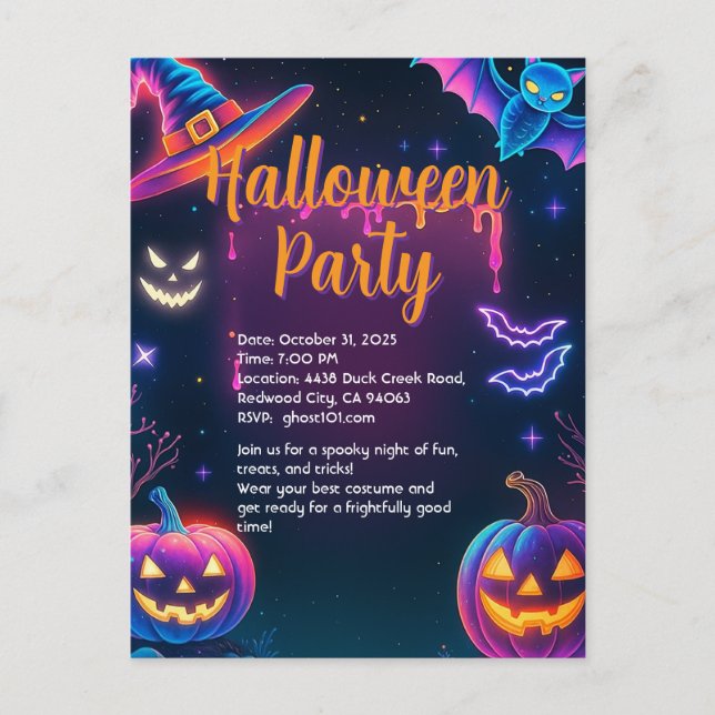 Neon Halloween Party Postcard (Front)