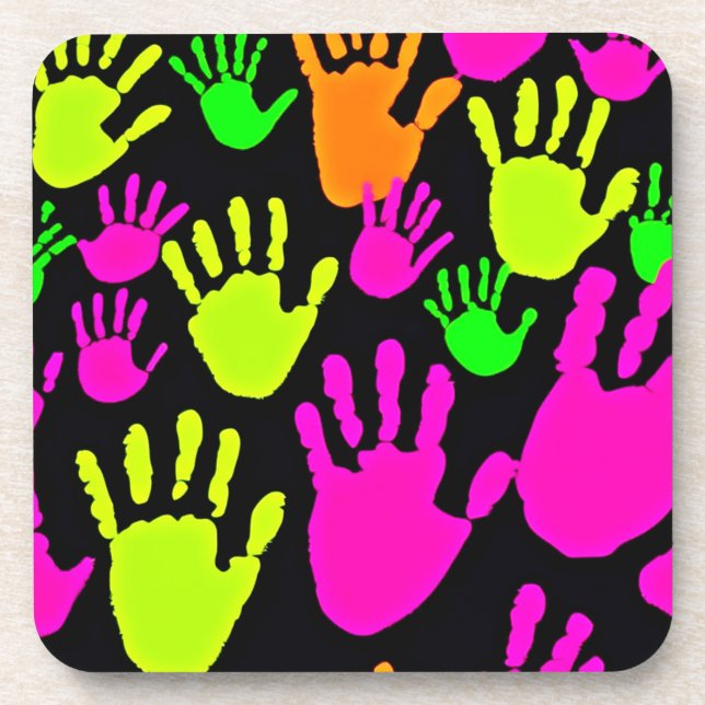 Neon Handprint Graffiti Pattern Beverage Coaster (Front)