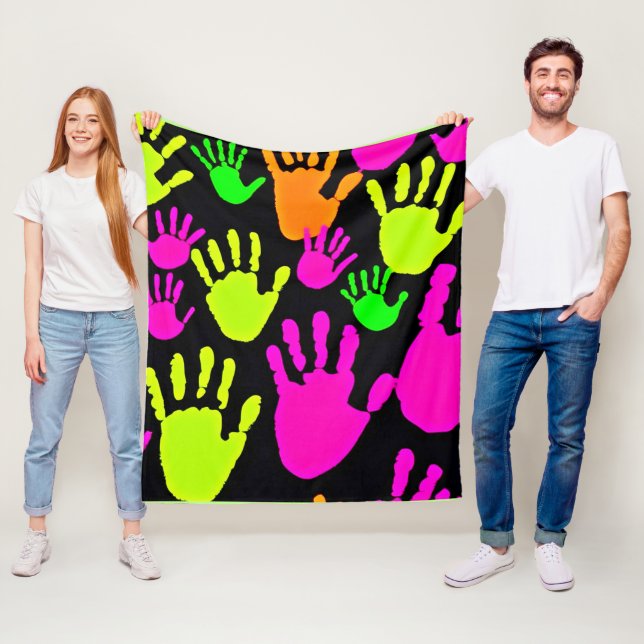 Neon Handprint Graffiti Pattern Fleece Blanket (In Situ)