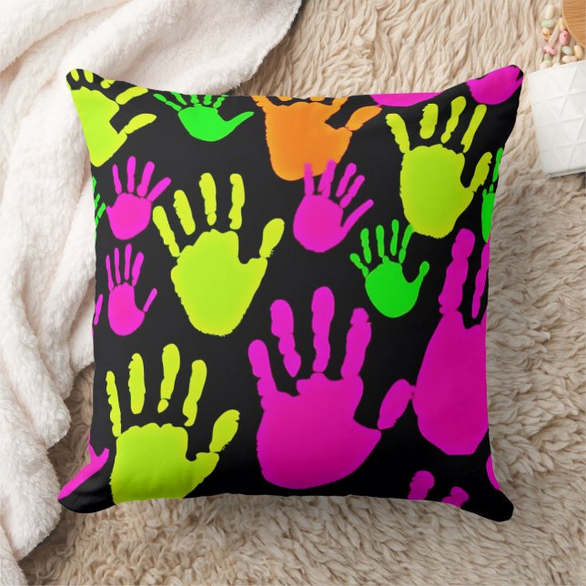 Neon Handprint Graffiti Pattern Throw Pillow (Blanket)