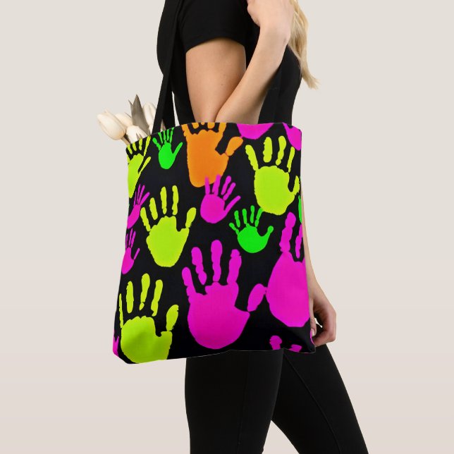 Neon Handprint Graffiti Pattern Tote Bag (Close Up)