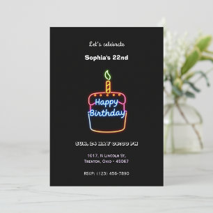 Neon Happy Birthday Cake Design – Fun and Vibrant  Invitation