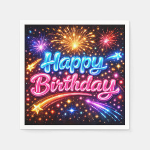 Neon Happy Birthday Fireworks and Stars Napkins