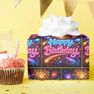 Neon Happy Birthday Fireworks and Stars Wrapping Paper