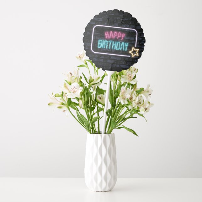 Neon Happy Birthday Marquee On Brick Balloon (Vase)