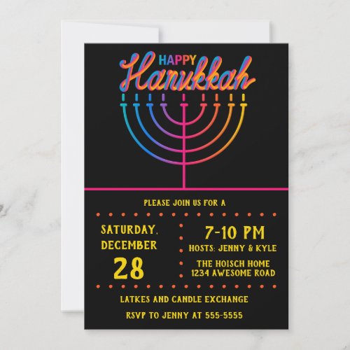 Neon Happy Hanukkah Menorah Invitation