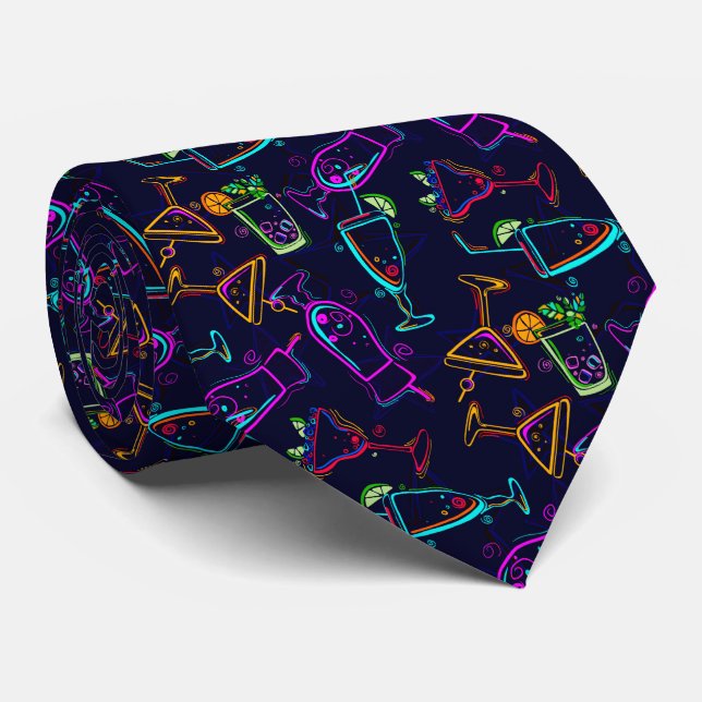 Neon Happy Hour Fifties Cocktails on Black Neck Tie (Rolled)