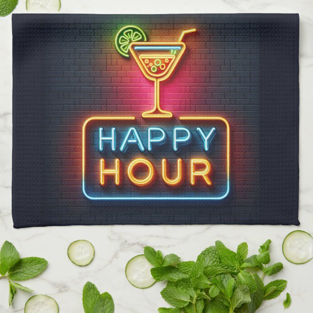 Neon Happy Hour Sign Kitchen Towel (Folded)