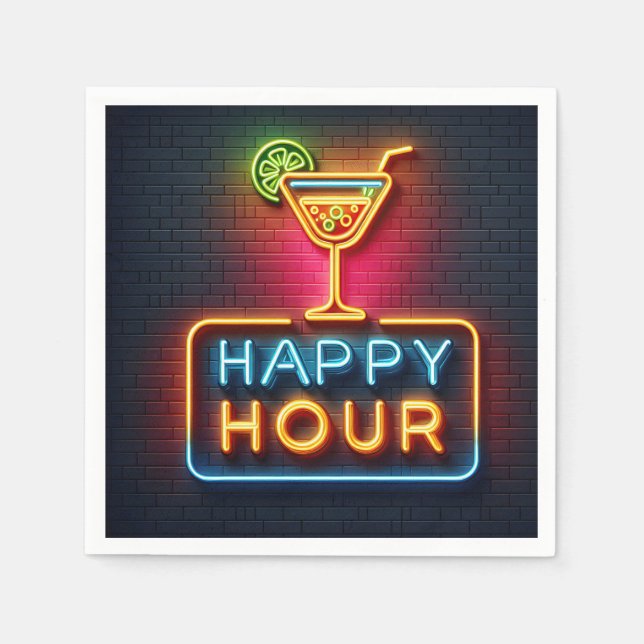 Neon Happy Hour Sign Napkins (Front)