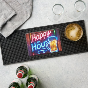 Neon Happy Hour Sign On Brick Bar Mat
