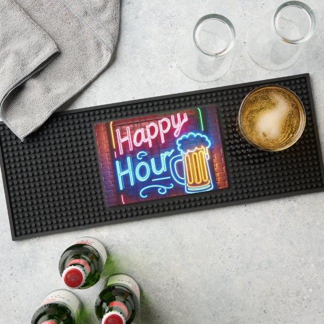 Neon Happy Hour Sign On Brick Bar Mat (Insitu (Bar 1))