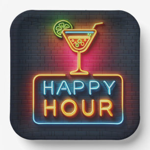 Neon Happy Hour Sign Paper Plates