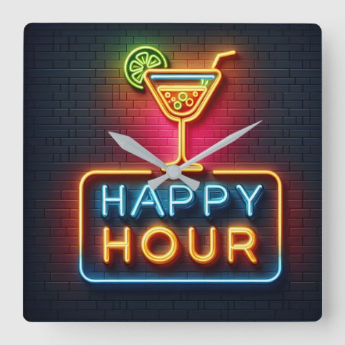 Neon Happy Hour Sign Square Wall Clock