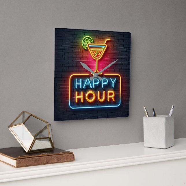 Neon Happy Hour Sign Square Wall Clock (Office)