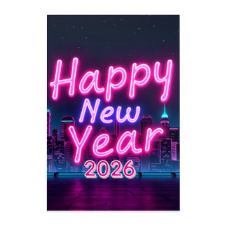Neon Happy New Year 2026 Cyberpunk City Wall Art