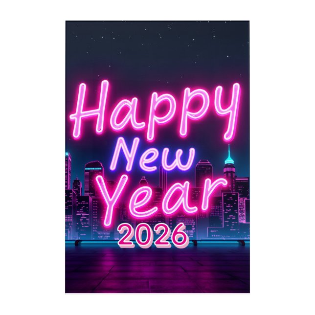 Neon Happy New Year 2026 Cyberpunk City Wall Art (Front)