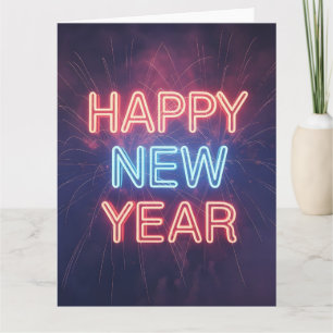Neon "Happy New Year" Typography with Fireworks Card