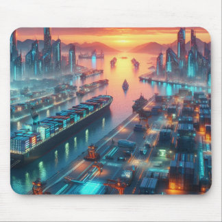 Neon Harbor Sunset Mouse Pad