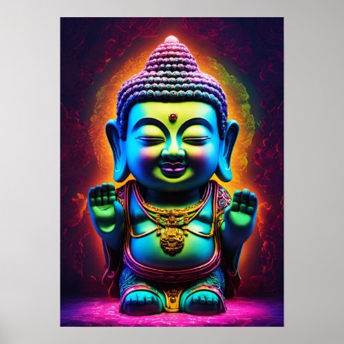 Neon Harmony Adorable 3D Buddha in Glass Poster