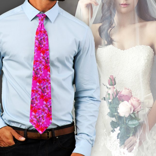 Neon Hawaiian Flowers Plumeria Frangipani Bold Neck Tie (Creator Uploaded)