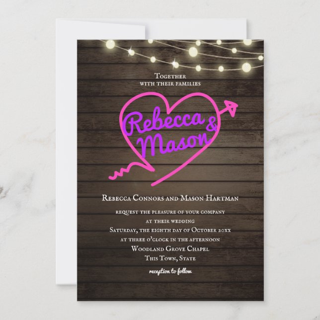 Neon Heart Electric Barn Wedding String Lights Invitation (Front)
